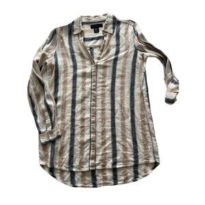 Tahari XS Striped Linen Blend Button-Up Shirt Roll Tab Sleeves Casual Womens Top